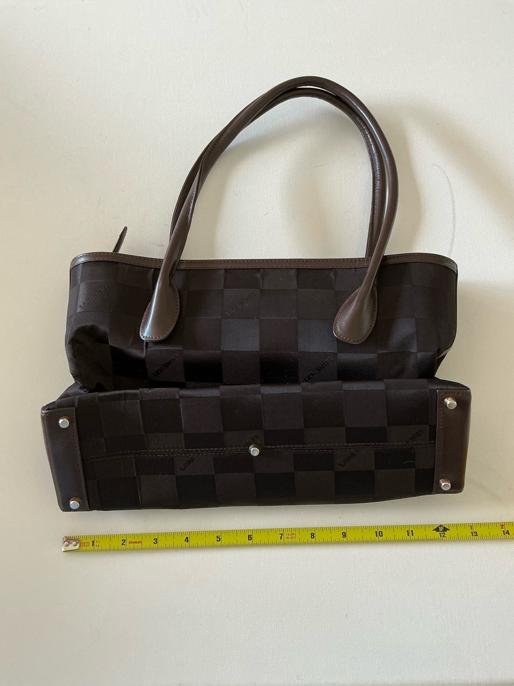 Lorenzi Brown Checkered Nylon Tote Bag Leather Trim Top Handle Classic - Picture 7 of 11